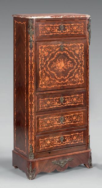 null Secretary in rosewood veneer with a rich decoration inlaid with floral bouquets...