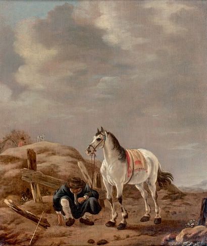 École HOLLANDAISE du XVIIe siècle 
White horse and his groom
Oil on panel, monogrammed...