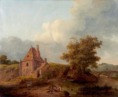 École FRANÇAISE de la fin du XVIIIe siècle Landscape: Neo-Gothic farmhouse near a...