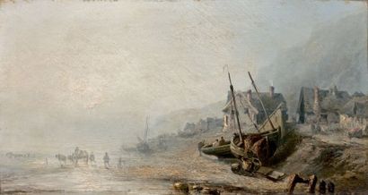 Théodore GUDIN (1802-1880) 
Maisons et bateaux sur la côte en Normandie
Huile sur...
