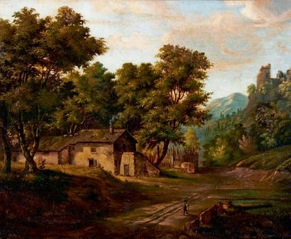 École Française du XIXe siècle 
Chaumière dans un paysage
Huile sur toile, rentoilée,...