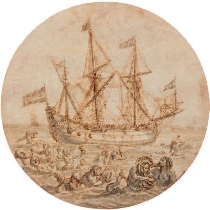 École HOLLANDAISE du XVIIe siècle 
Groupe de marins entourant un navire
Plume, encre...
