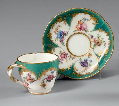 SÈVRES Goblet Hébert and its saucer with lobed rim, polychrome decoration of flowers...