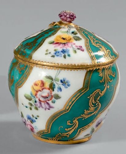 SÈVRES Covered Hebert sugar bowl, polychrome decoration of flowers alternating with...