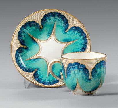 SÈVRES Calabrian mug and its saucer decorated in celestial blue with cabbage leaves...
