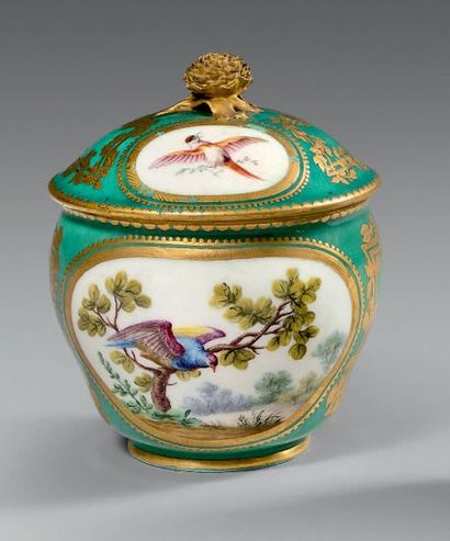 SÈVRES Covered Hebert sugar bowl, polychrome decoration of birds in medallions surrounded...