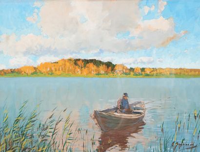 Andrei JEGOROU (1878-1954) 
Pêcheur dans une barque sur un lac russe
Gouache signé...