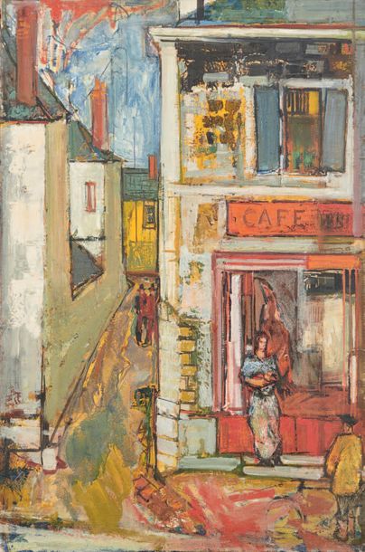Jean COMMÈRE (1920-1986) Le café
Huile sur toile, porte le timbre de la signature...