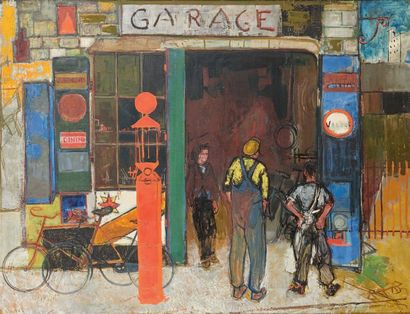 Jean COMMÈRE (1920-1986) Le garage
Huile sur toile, porte le timbre de l'atelier...