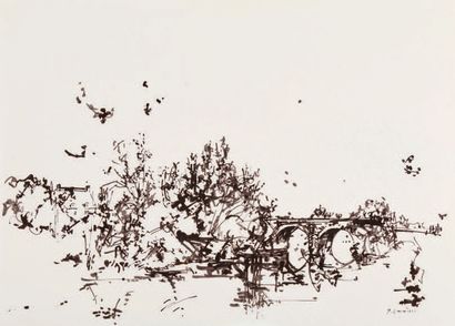 Jean COMMÈRE (1920-1986) Paysage au pont
Dessin à l'encre au pinceau, signé vers...