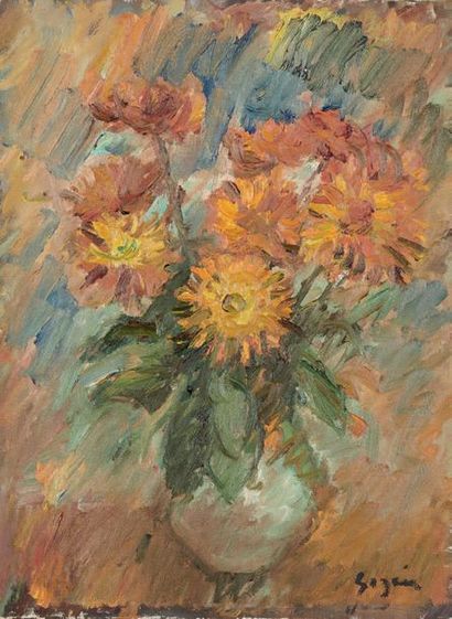 Pierre GOGOIS (né en 1935) Bouquet de dahlias
Huile sur toile, signée en bas à droite.
73...