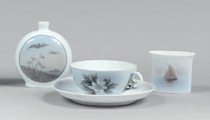 ROYAL COPENHAGUE Porcelain vase, cigarette display, cup and saucer. Decoration of...
