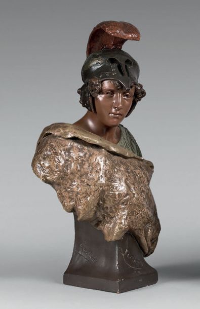 Friedrich GOLDSCHEIDER & Y. MAYRE Jason 
Terracotta bust with polychrome patina....