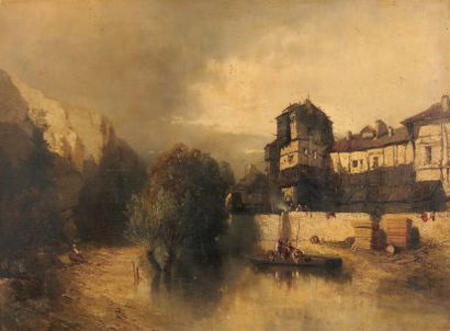Dans le goût d'Eugène DESHAYES Boat at the foot of the village
Oil on canvas.
48...