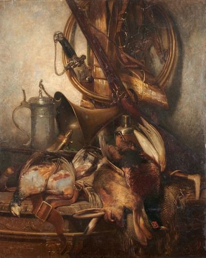 Sébastien Charles GIRAUD (1819-1892) 
Retour de chasse
Huile sur toile, signée des...