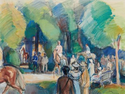 Jean DRIESBACH dit DRIES (1905-1973) 
Au rond de présentation à Clairefontaine, 1961
Gouache,...