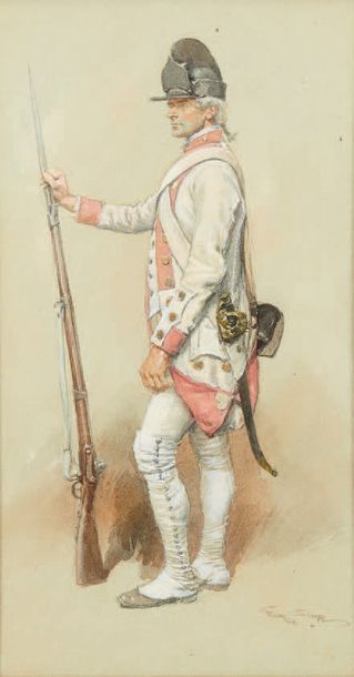 Georges SCOTT (1873-1942) 
Études d'uniformes militaires
Deux gouaches aquarellées,...