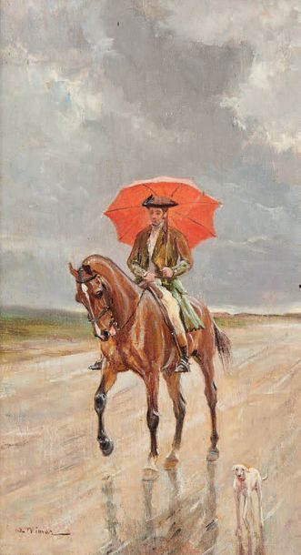 Auguste VIMAR (1851-1916) 
Le parapluie rouge
Huile sur panneau, signée en bas à...