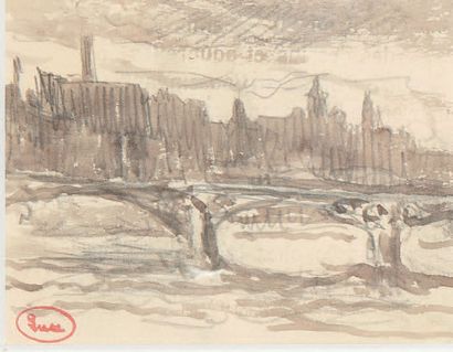 Maximilien Luce (1858-1941) Paris, pont sur la Seine
Paris, péniche à quai
Deux dessins...