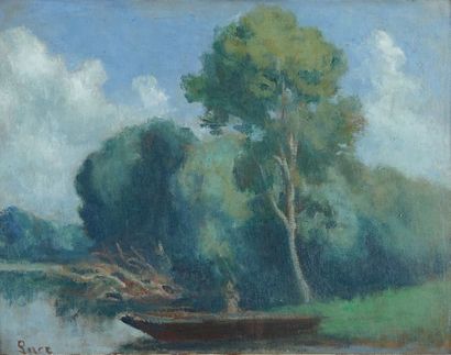 Maximilien Luce (1858-1941) La barque près de Rolleboise (?)
Huile sur carton, signée...
