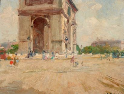 Gennaro BEFANIO (1866-1937) 
Paris, place de l'Étoile Huile sur carton, signée en...