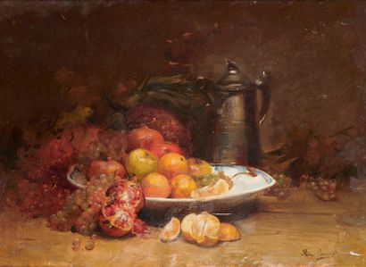 Félix CARME (1863-1938) Still life with fruits and tin jug Oil on canvas, signed...