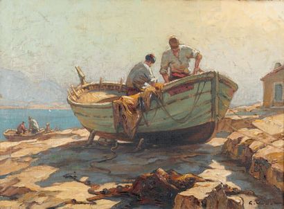 G. VINOL (?) 
Fishermen at low
tide Oil on canvas, signed below right.
54 x 73 c...