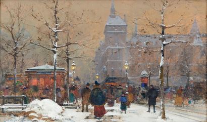 Eugène GALLIEN-LALOUE (1854-1941) Paris, neige place du Châtelet Gouache, signée...