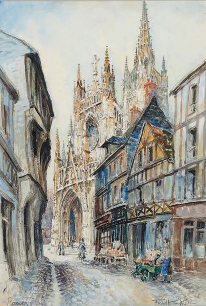 FRANK WILL (1900-1951) Rouen, le portail de la cathédrale Aquarelle gouachée, signée...