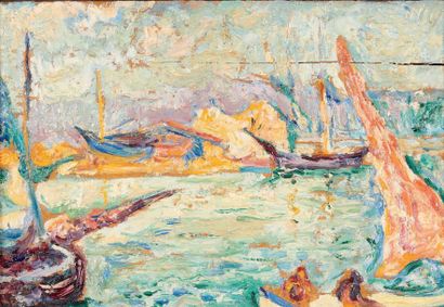 Henri PERSON (1876-1926) 
Le port de Saint-Tropez
Huile sur panneau, signée en bas...