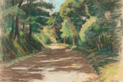 Eugène ALLUAUD (1866-1947) Creuse, chemin ombragé
Pastel, signé en bas à droite.
38...