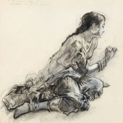 Edwin Lord WEEKS (1886-1965) 
Young oriental sitting
Charcoal and stump drawing enhanced...