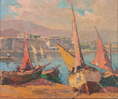 Constantin FONT (1890-1954) 
Les voiles rouges
Huile sur toile, signée en bas à gauche.
(Manques).
37,5...