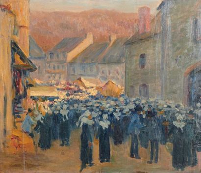 Emile BERNARD (1868-1941) Le marché à Pont-Aven, 1886 Huile sur panneau, porte une...