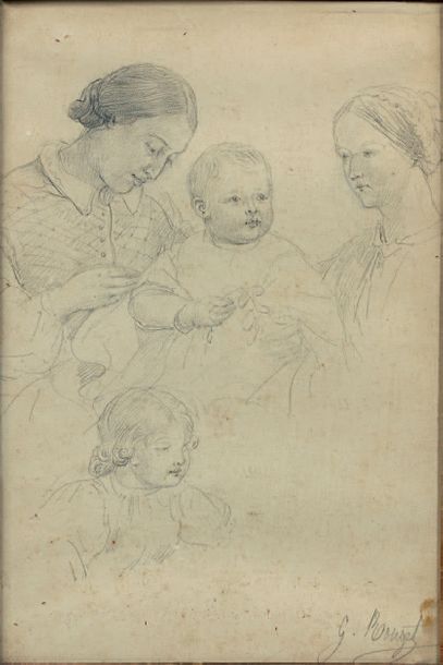 Georges ROUGET (1783-1869) 
Portraits de famille, feuille d'études Mine de plomb.
27,5...