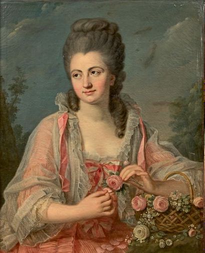École FRANÇAISE du XVIIIe siècle 
Portrait de femme à la corbeille de fleurs
Huile...