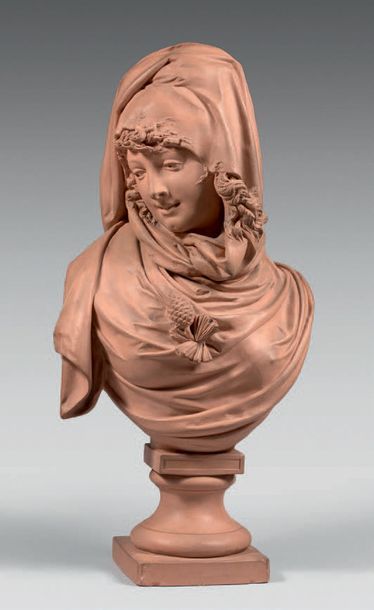 Albert Ernest Carrier Belleuse (1824-1887) Buste de jeune femme couverte d'un fichu...