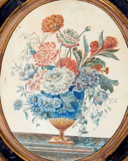 École FRANÇAISE du XVIIIe siècle 
Bouquet de fleurs dans un vase
Deux aquarelles,...