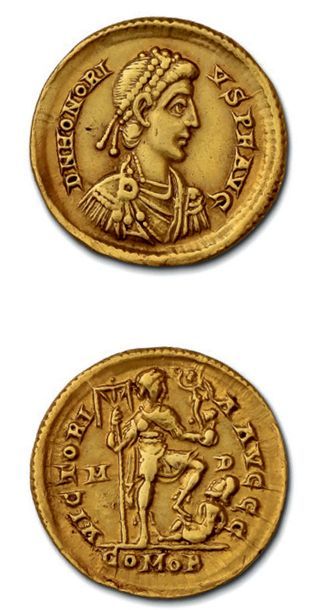 null HONORIUS (393-423) Solidus. 4,50 g. Milan (402-403).
Son buste diadémé, drapé...