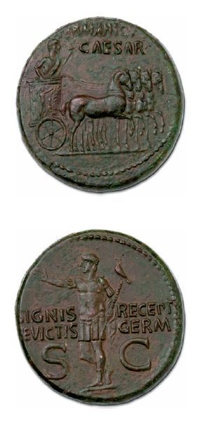 null GERMANICUS, fils de Drusus († 19) Dupondius. Frappé pour Caligula (37-41).
Germanicus...