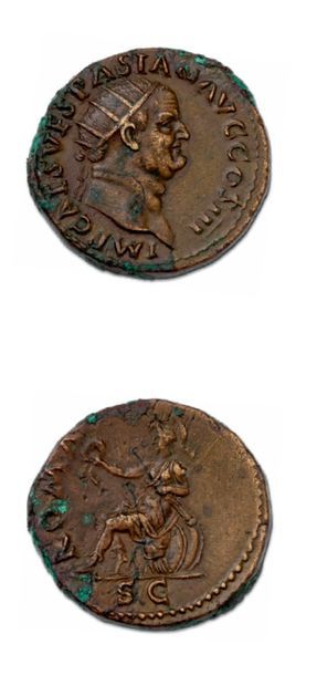 null VESPASIEN (69-79) Dupondius (71)
Sa tête radiée à droite. R/ Rome assise à gauche...