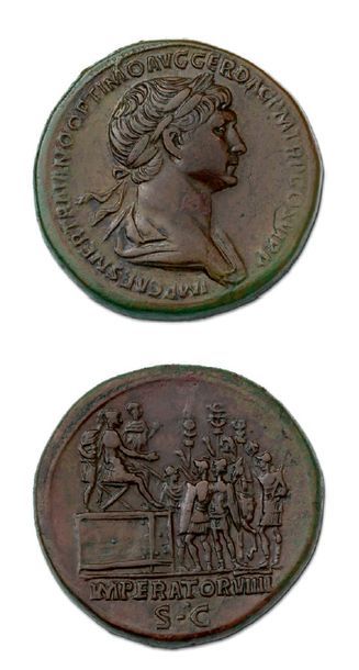 null Sesterce (115)
Son buste lauré et drapé à droite.
R/ Trajan assis sur une estrade,...