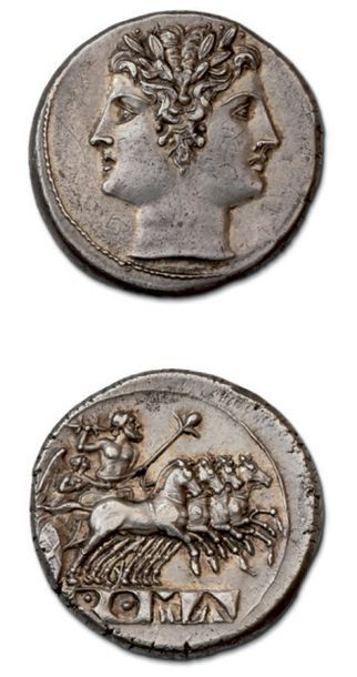 null MONNAYAGE ROMANO-CAMPANIEN (225-212 av. J.-C.) Didrachme.
Tête laurée de Janus.
R/...