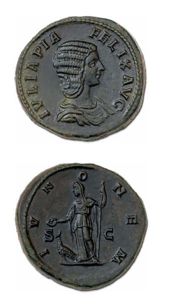 null JULIA DOMNA, épouse de Septime Sévère († 217) Sesterce (213).
Son buste drapé...