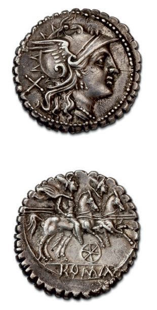 null Denier serratus (dentelé) (209-208 av. J.-C.).
Tête casquée de Rome à droite.
R/...