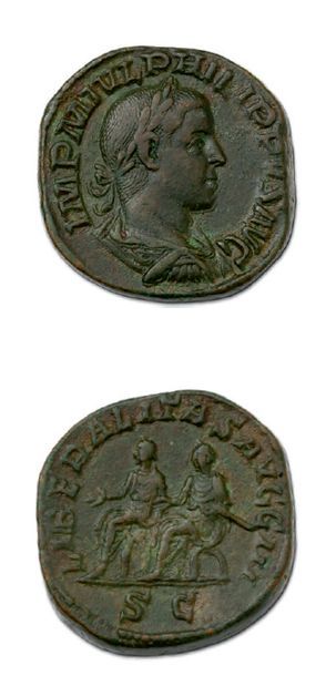 null PHILIPPE II (244-249) Sesterce (247).
Son buste lauré, drapé et cuirassé à droite.
R/...