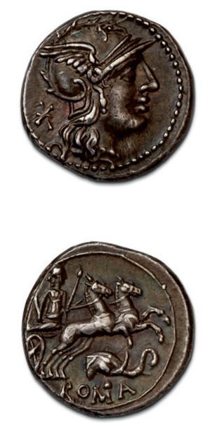 null CAECILIA Denier (128 av. J.-C.).
Tête de Rome à droite.
R/ La Paix dans un bige...