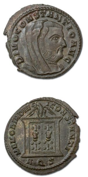 null Lot:
Follis: 4 exemplaires posthumes. Maximien Hercule (2 ex.
R/ Temple) - Constance...