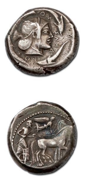 null Syracuse, règne de Gélon (480-475 av. J.-C.) Tétradrachme. 17,23 g.
Tête d'Aréthuse...