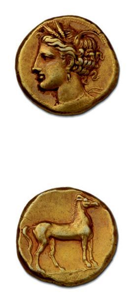 null ZEUGITANE: Carthage (310-290 av. J.-C.) Statère d'électrum. 7,49 g.
Tête de...